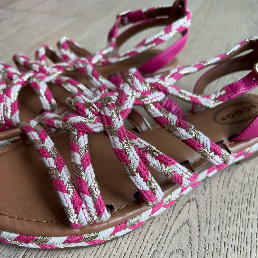 NWOT Strappy Pink and Gold Braided Yarn Sandals
